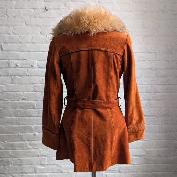 Vintage Orange Suede Penny Lane Jacket Groovy Furry Genuine Leather Trench Coat - Picture 6 of 9